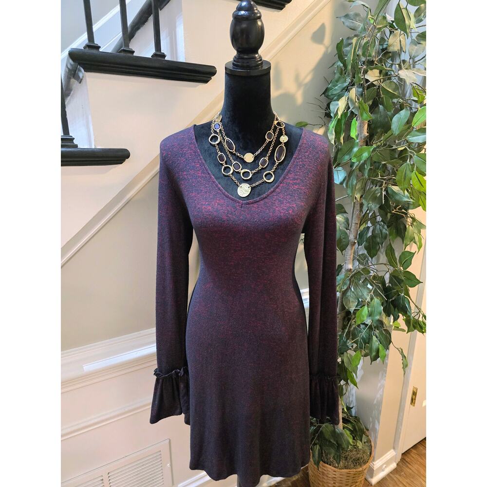 Derek Heart Shift Dress L Merlot Stretch Deep V-Neck Flared Sleeve Casual Party